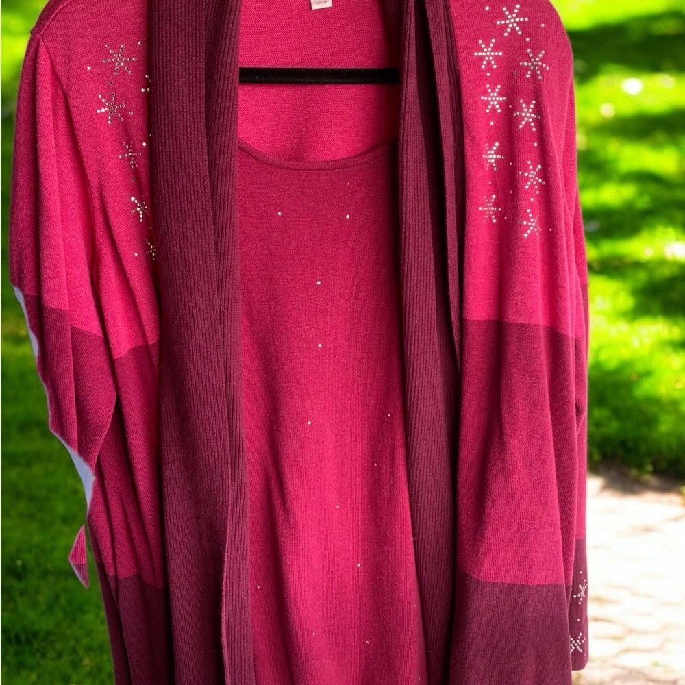 Quacker Factory Pink and Burgundy Faux-Cardigan Sparkly Sweater